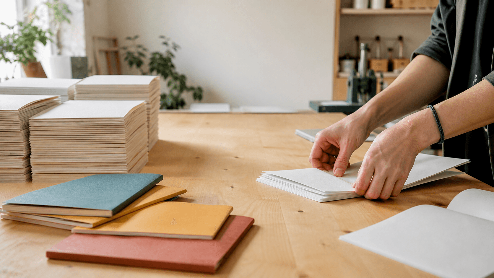 Hände bei der sorgfältigen Fertigung von Heften in einer Papierwerkstatt